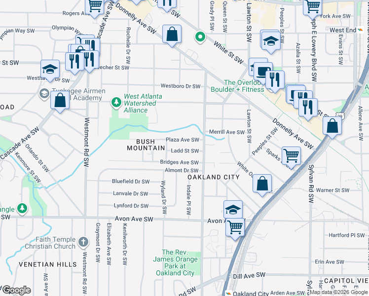 map of restaurants, bars, coffee shops, grocery stores, and more near 1255 Ladd Street Southwest in Atlanta