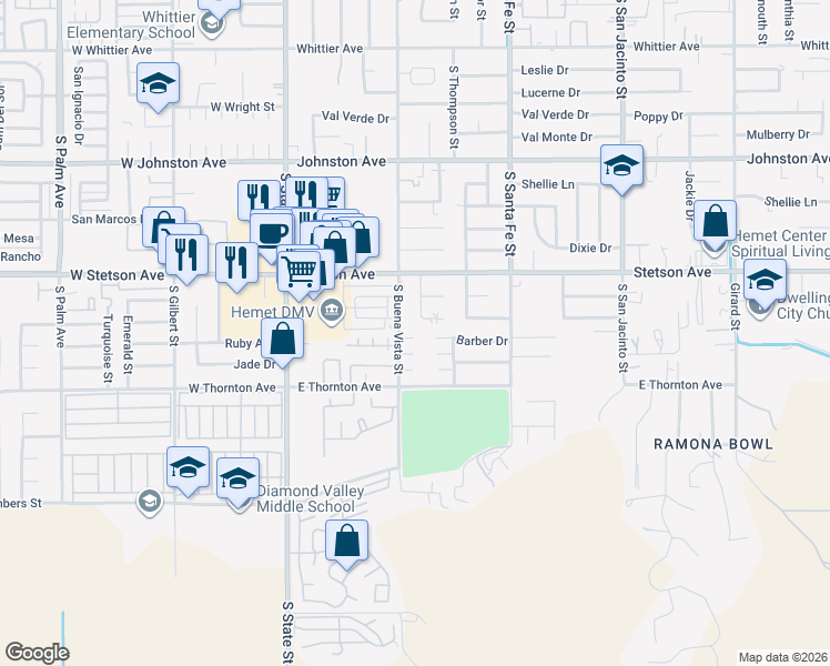 map of restaurants, bars, coffee shops, grocery stores, and more near 540 Barber Drive in Hemet