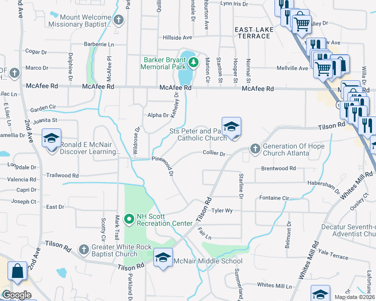 map of restaurants, bars, coffee shops, grocery stores, and more near 2294 Collier Drive in Decatur