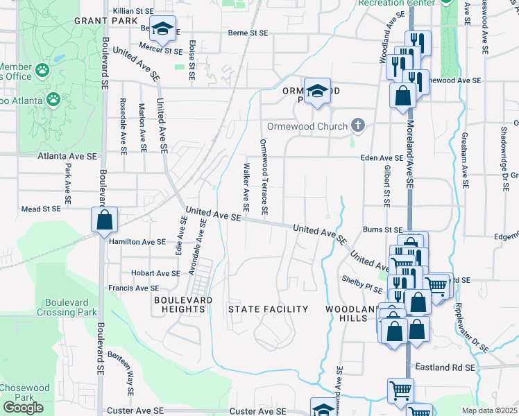 map of restaurants, bars, coffee shops, grocery stores, and more near 985 Ormewood Terrace Southeast in Atlanta