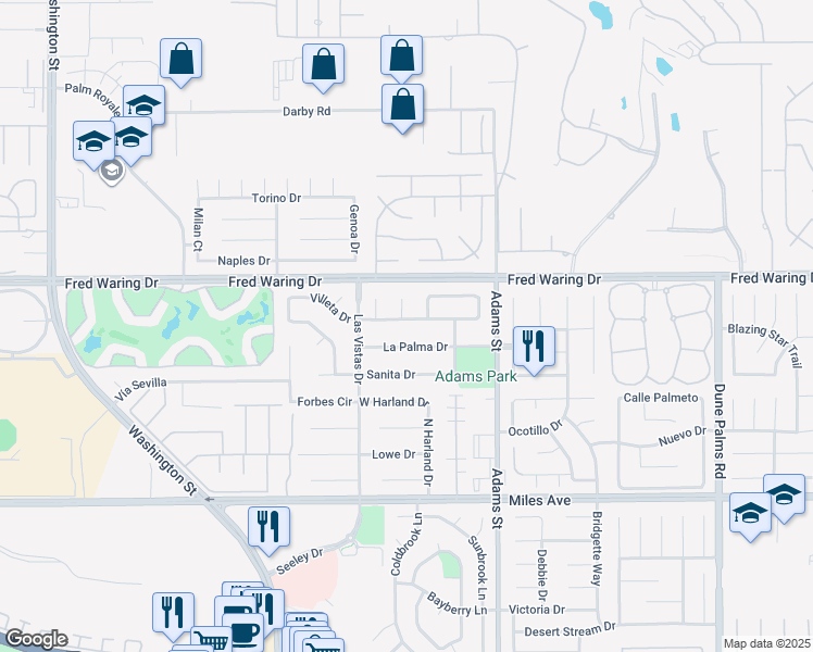 map of restaurants, bars, coffee shops, grocery stores, and more near 78785 Villeta Drive in La Quinta