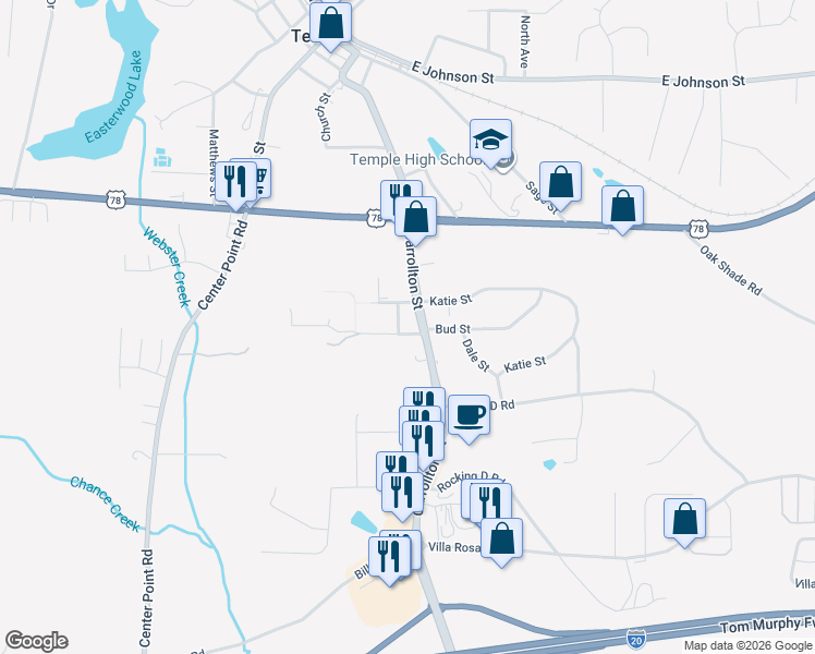 map of restaurants, bars, coffee shops, grocery stores, and more near 335 Carrollton Street in Temple