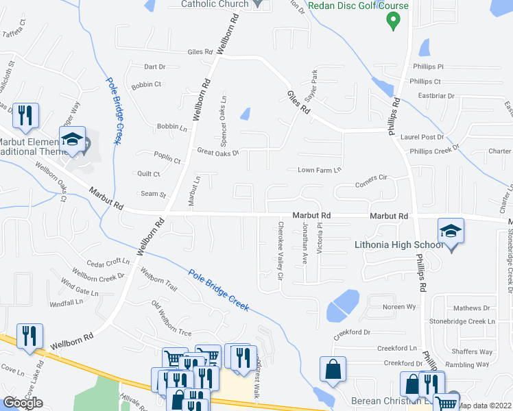 map of restaurants, bars, coffee shops, grocery stores, and more near 2100 Hilda Burns Place in Lithonia