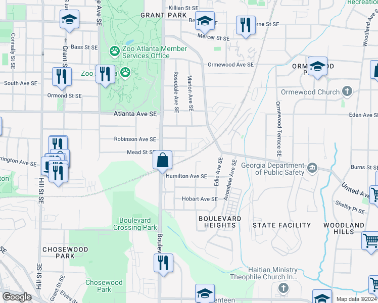 map of restaurants, bars, coffee shops, grocery stores, and more near 6 Mead Street Southeast in Atlanta