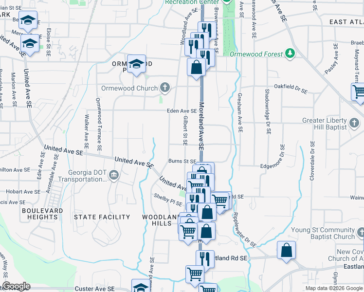 map of restaurants, bars, coffee shops, grocery stores, and more near 989 Gilbert Street Southeast in Atlanta