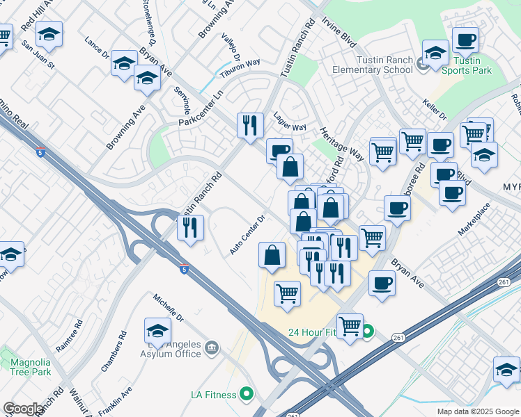 map of restaurants, bars, coffee shops, grocery stores, and more near 9 Auto Center Drive in Tustin