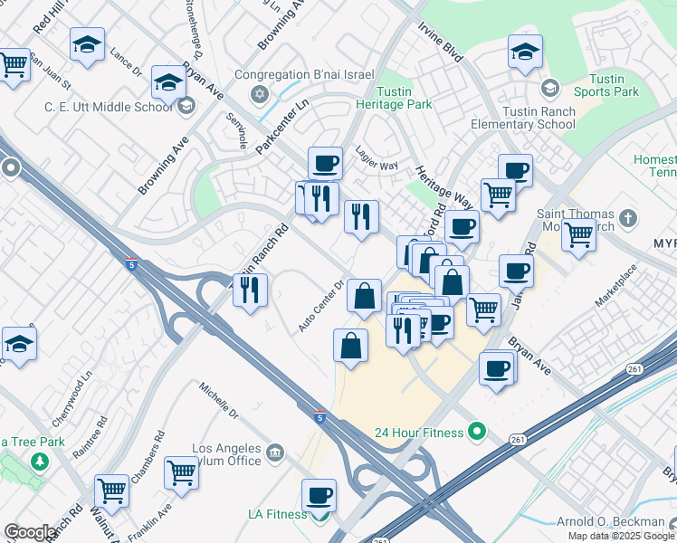 map of restaurants, bars, coffee shops, grocery stores, and more near 9 Auto Center Drive in Tustin
