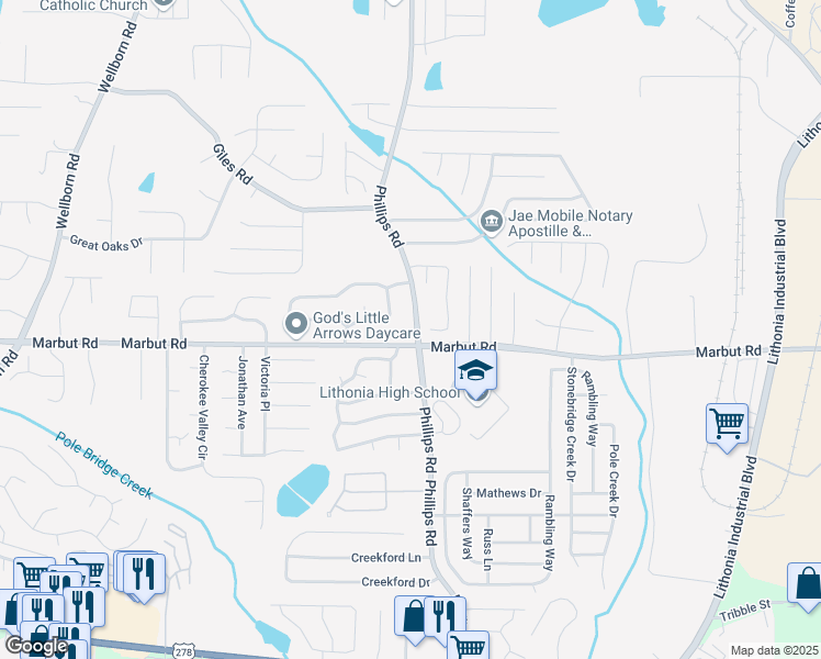 map of restaurants, bars, coffee shops, grocery stores, and more near 2097 Phillips Road in Lithonia