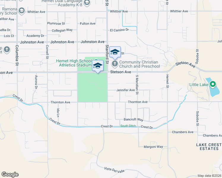 map of restaurants, bars, coffee shops, grocery stores, and more near 41774 Jennifer Avenue in Hemet