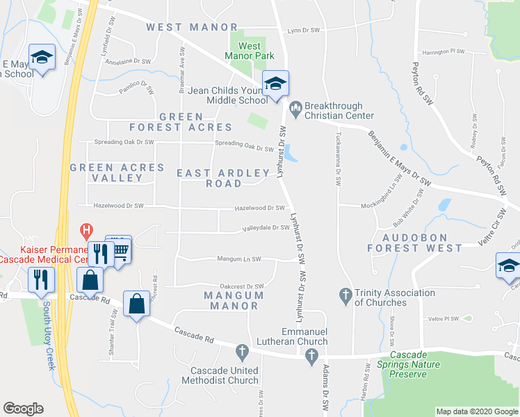 map of restaurants, bars, coffee shops, grocery stores, and more near 3120 Hazelwood Dr SW in Atlanta