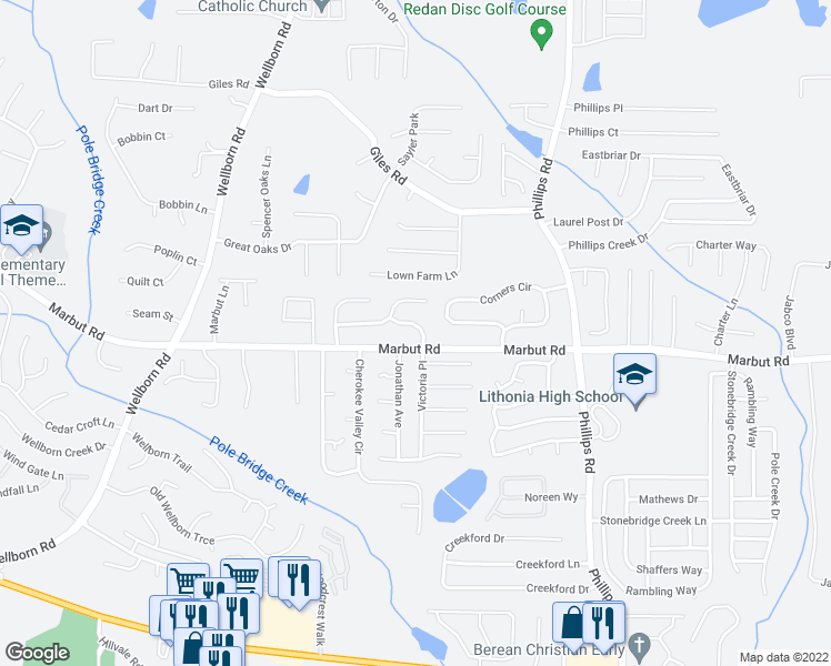 map of restaurants, bars, coffee shops, grocery stores, and more near 2093 Victoria Place in Lithonia