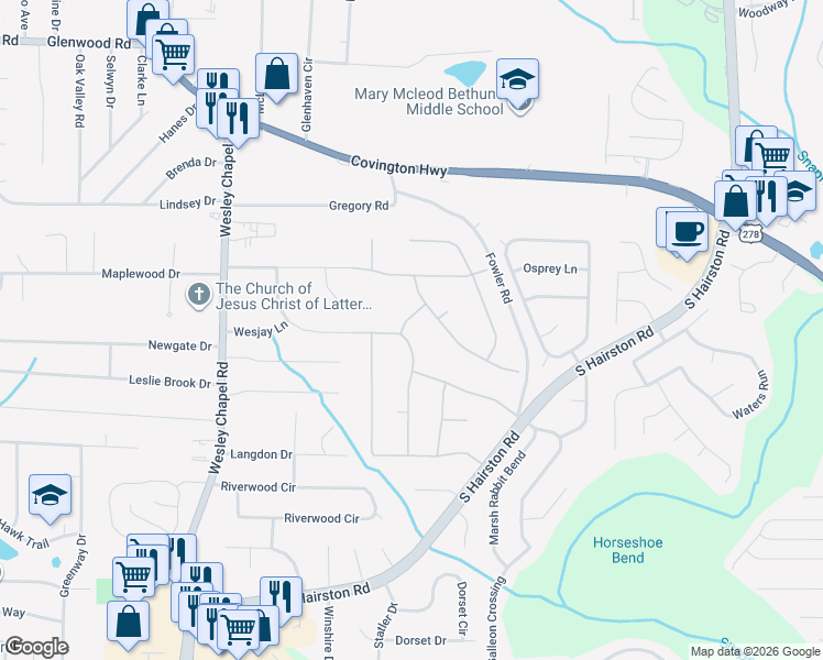 map of restaurants, bars, coffee shops, grocery stores, and more near 2122 Tudor Castle Way in Decatur