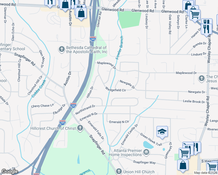 map of restaurants, bars, coffee shops, grocery stores, and more near 3930 Wedgefield Circle in Decatur