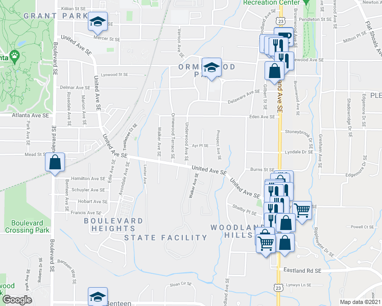 map of restaurants, bars, coffee shops, grocery stores, and more near 980 Underwood Avenue Southeast in Atlanta