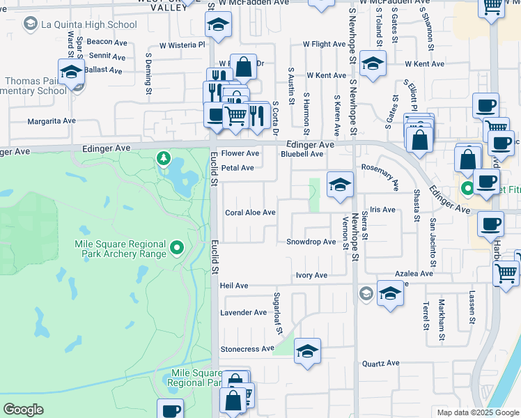 map of restaurants, bars, coffee shops, grocery stores, and more near 16229 Mount Harkness Street in Fountain Valley