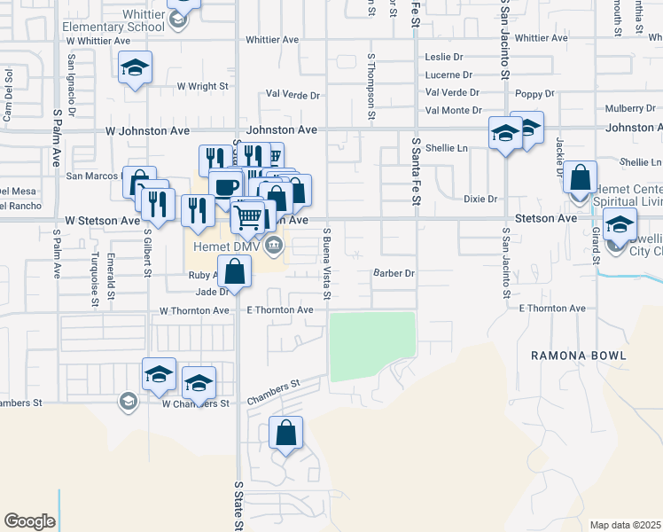 map of restaurants, bars, coffee shops, grocery stores, and more near 500 Barber Drive in Hemet