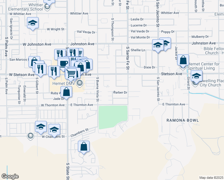 map of restaurants, bars, coffee shops, grocery stores, and more near 660 Barber Drive in Hemet