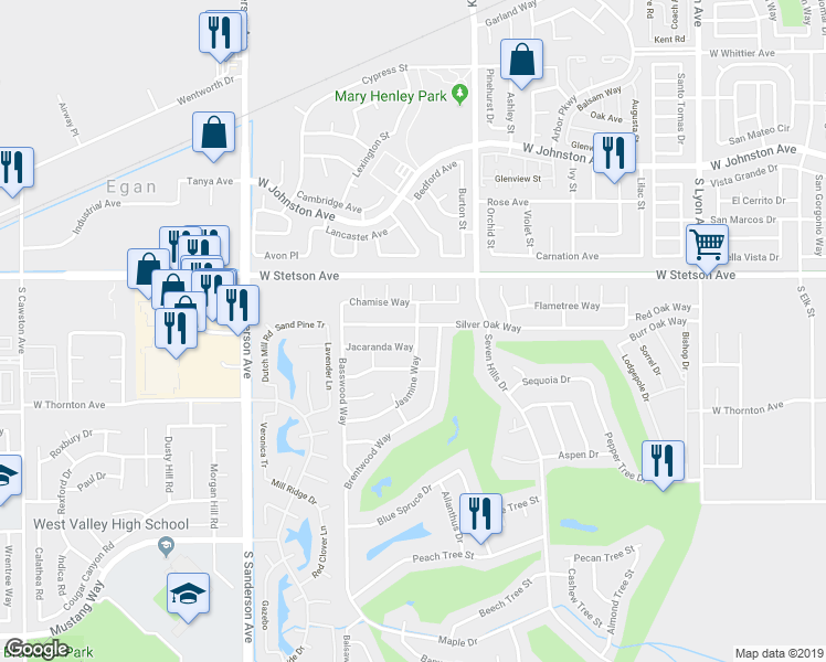 map of restaurants, bars, coffee shops, grocery stores, and more near 2715 Silver Oak Way in Hemet