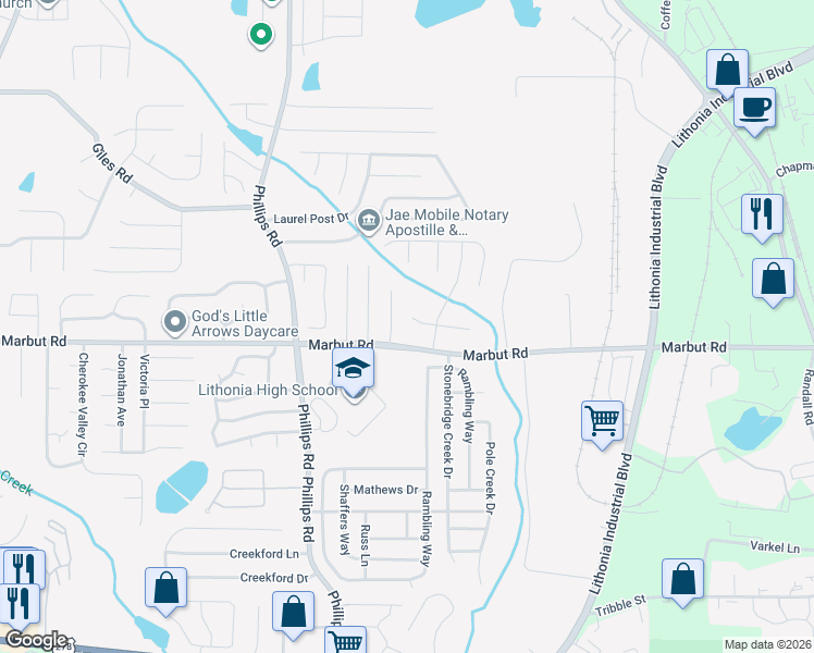 map of restaurants, bars, coffee shops, grocery stores, and more near 6419 Bedford Lane in Lithonia