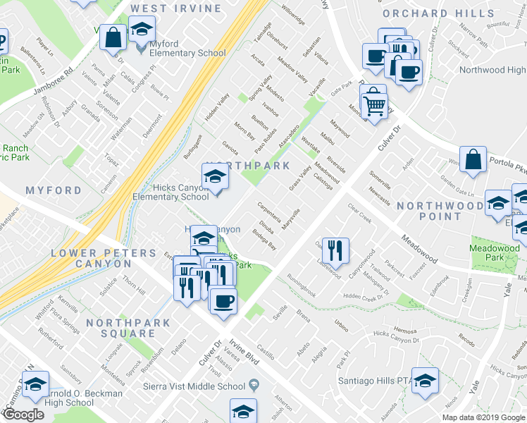 map of restaurants, bars, coffee shops, grocery stores, and more near 32 Carpenteria in Irvine