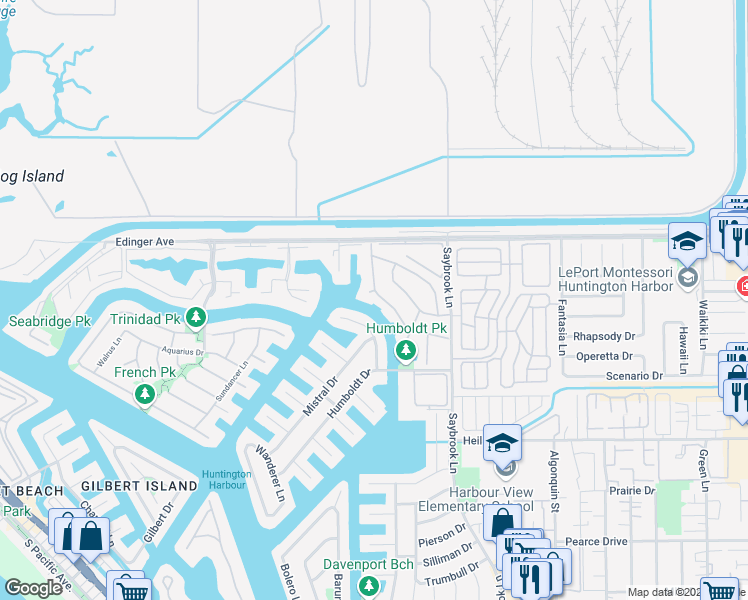 map of restaurants, bars, coffee shops, grocery stores, and more near 16131 Santa Barbara Lane in Huntington Beach