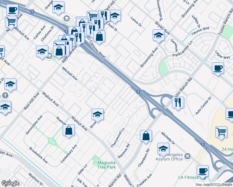 map of restaurants, bars, coffee shops, grocery stores, and more near 1881 Mitchell Avenue in Tustin