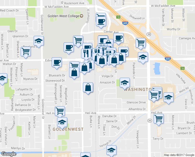 map of restaurants, bars, coffee shops, grocery stores, and more near 16171 Ganges Lane in Huntington Beach