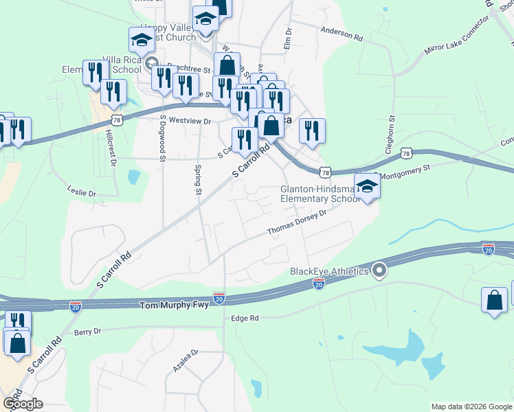 map of restaurants, bars, coffee shops, grocery stores, and more near 209 East Wilson Street in Villa Rica