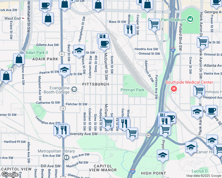 map of restaurants, bars, coffee shops, grocery stores, and more near 999 Smith Street Southwest in Atlanta