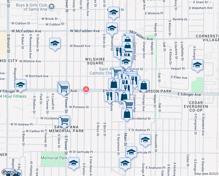 map of restaurants, bars, coffee shops, grocery stores, and more near 1438 South Broadway in Santa Ana