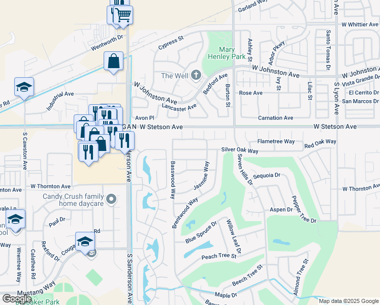 map of restaurants, bars, coffee shops, grocery stores, and more near 2827 Silver Oak Way in Hemet