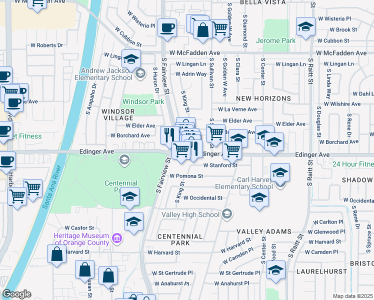 map of restaurants, bars, coffee shops, grocery stores, and more near 2619 West Edinger Avenue in Santa Ana