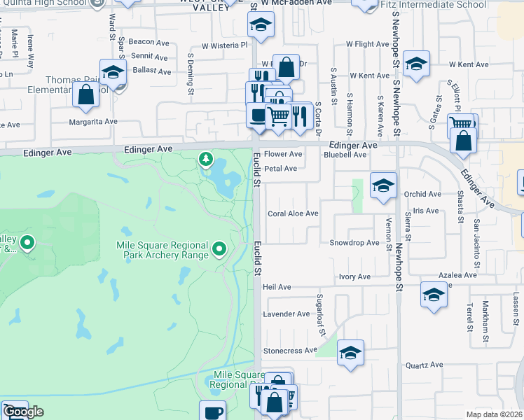 map of restaurants, bars, coffee shops, grocery stores, and more near 16233 Mount Baden Powell Street in Fountain Valley