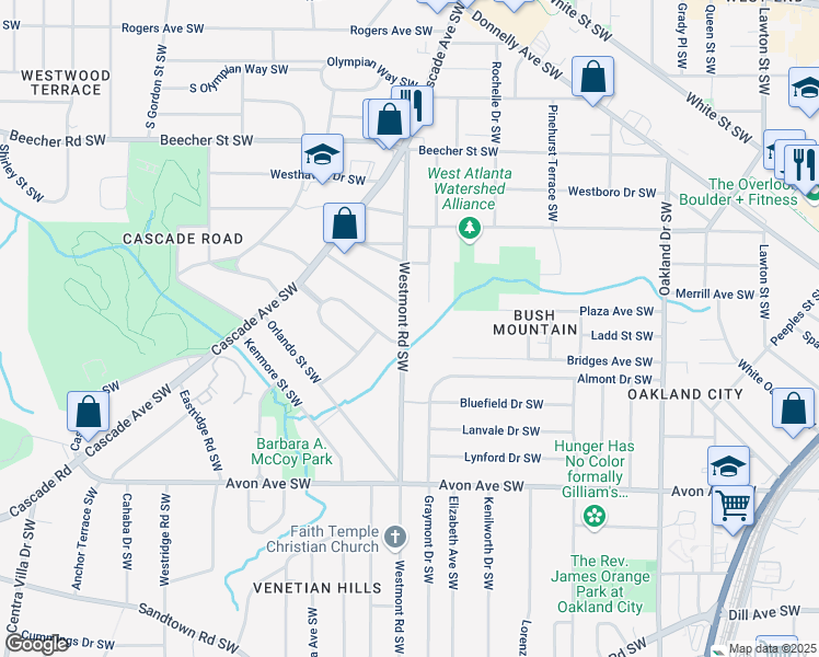 map of restaurants, bars, coffee shops, grocery stores, and more near 1018 Westmont Road Southwest in Atlanta