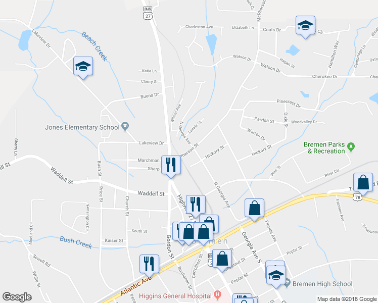 map of restaurants, bars, coffee shops, grocery stores, and more near 406 McPherson Street in Bremen