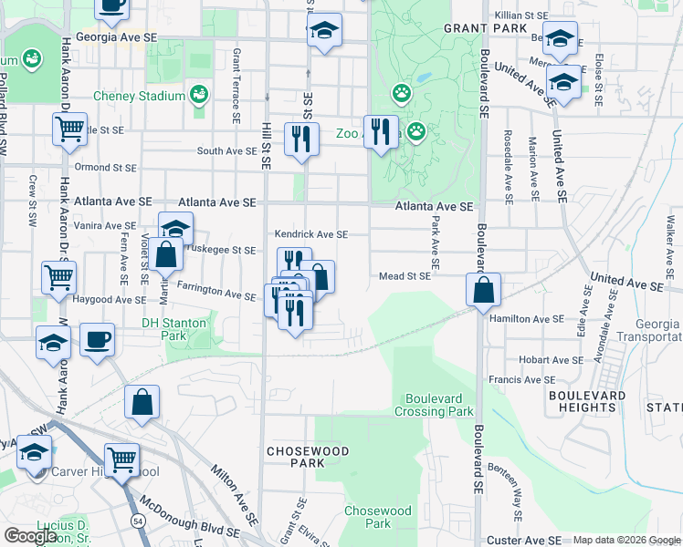 map of restaurants, bars, coffee shops, grocery stores, and more near 992 Rawlins Street Southeast in Atlanta