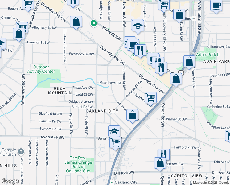map of restaurants, bars, coffee shops, grocery stores, and more near 1105 Cordova Street Southwest in Atlanta