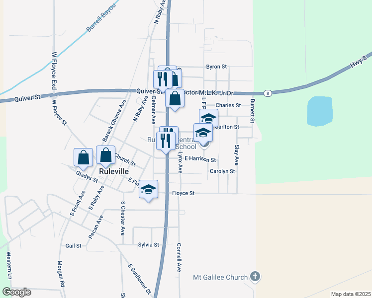 map of restaurants, bars, coffee shops, grocery stores, and more near in Ruleville