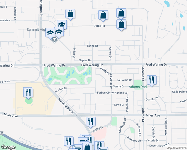 map of restaurants, bars, coffee shops, grocery stores, and more near 44215 Villeta Drive in La Quinta