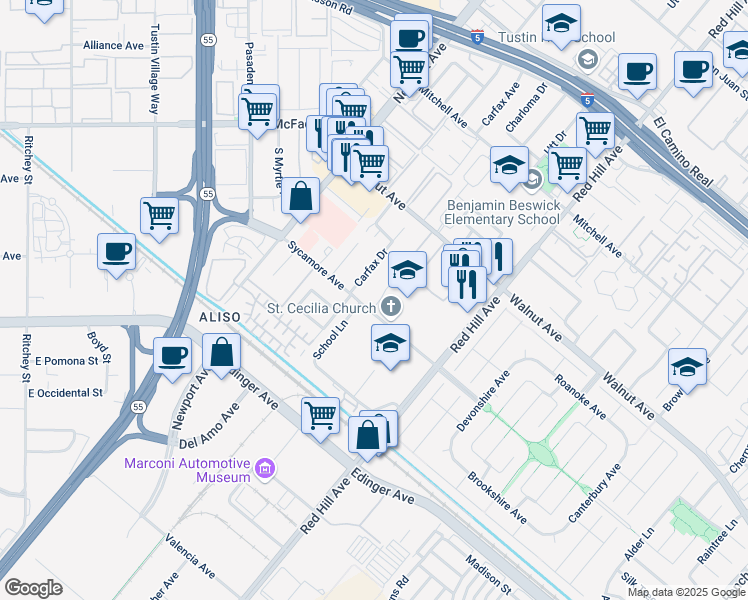 map of restaurants, bars, coffee shops, grocery stores, and more near 14721 Charloma Drive in Tustin