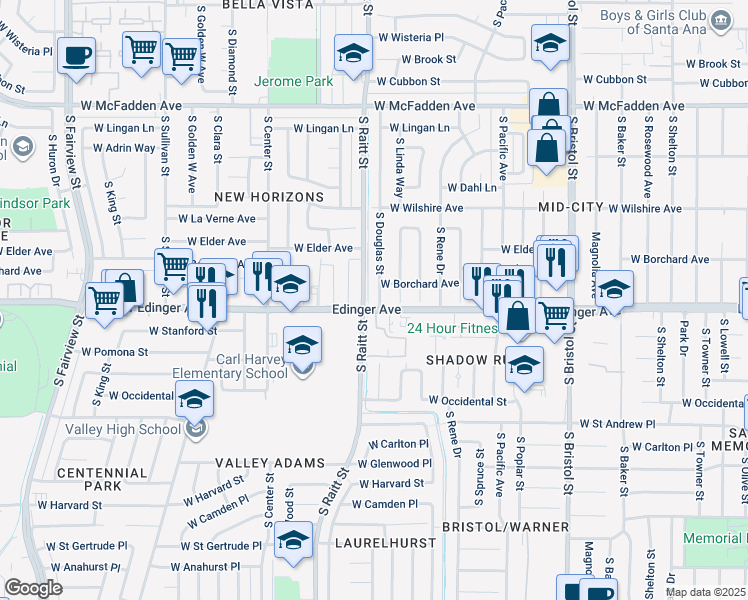 map of restaurants, bars, coffee shops, grocery stores, and more near 1426 South Douglas Street in Santa Ana
