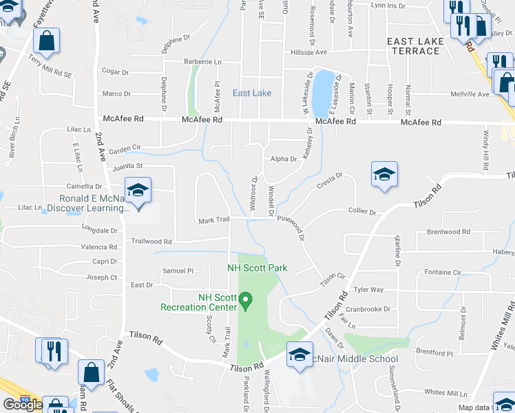 map of restaurants, bars, coffee shops, grocery stores, and more near 2144 Wildrose Drive in Decatur