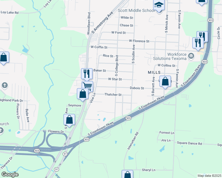 map of restaurants, bars, coffee shops, grocery stores, and more near 1014 Dubois St in Denison