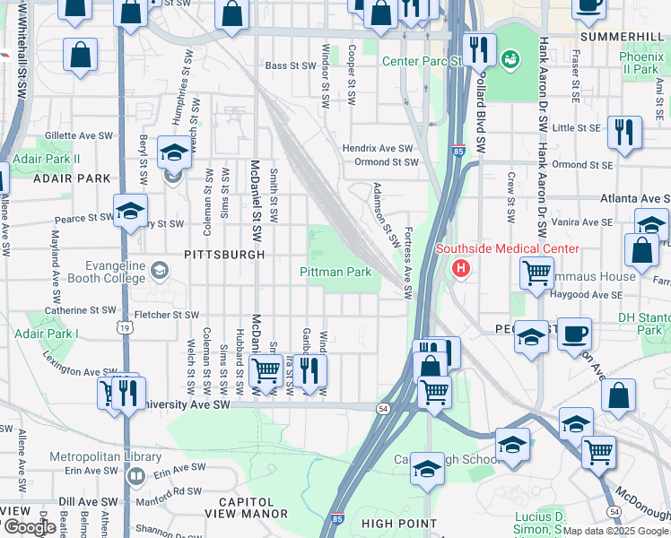 map of restaurants, bars, coffee shops, grocery stores, and more near 950 Garibaldi Street Southwest in Atlanta