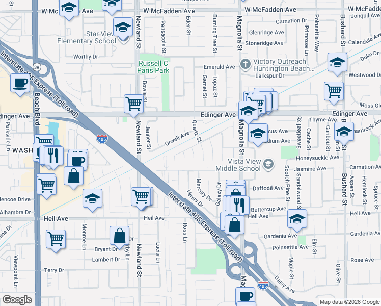 map of restaurants, bars, coffee shops, grocery stores, and more near 16181 Huxley Circle in Westminster