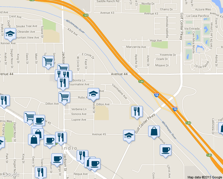 map of restaurants, bars, coffee shops, grocery stores, and more near 83482 Emerald Avenue in Indio