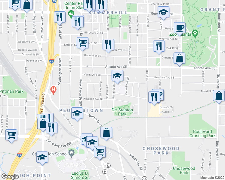 map of restaurants, bars, coffee shops, grocery stores, and more near 987 Martin Street Southeast in Atlanta