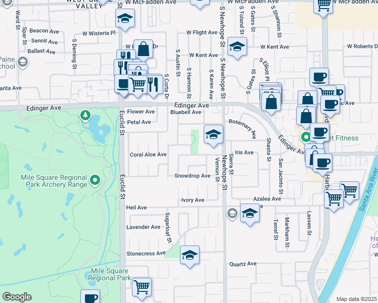 map of restaurants, bars, coffee shops, grocery stores, and more near 11335 Primrose Avenue in Fountain Valley