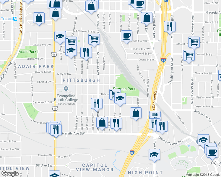 map of restaurants, bars, coffee shops, grocery stores, and more near 1002 Ira Street Southwest in Atlanta
