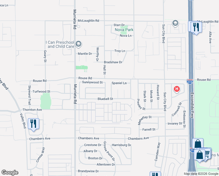 map of restaurants, bars, coffee shops, grocery stores, and more near 26238 Spaniel Lane in Menifee